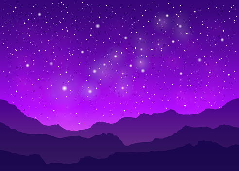 Violet space landscape with milky way, mountains silhouette, and stars.
