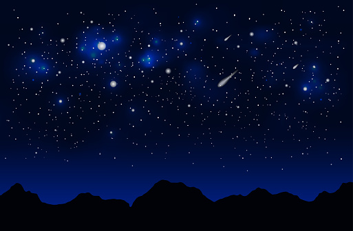 Dark blue space landscape with mountains silhouette, comet and stars.
