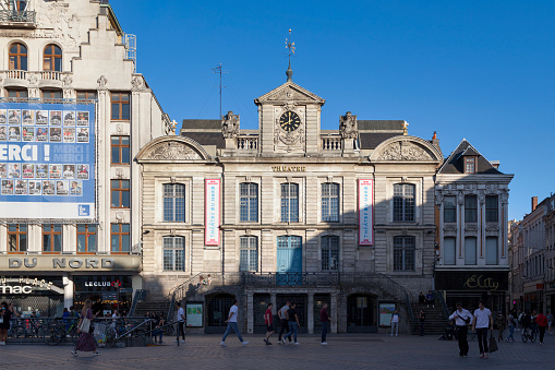 Lille, France - June 22 2020: The Théâtre du Nord is a performance hall located on the Grand'Place. The theater is housed in a former 18th century guardhouse called the Grande Garde, listed in the inventory of historical monuments since 1925.