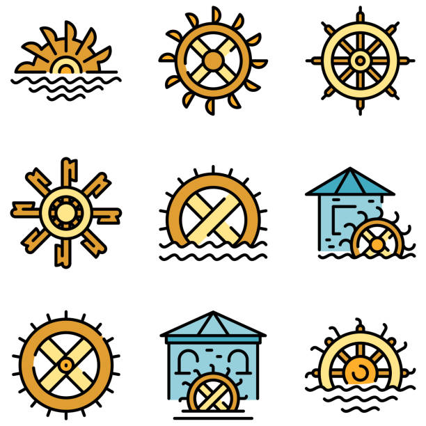 Water mill icons vector flat Water mill icons set. Outline set of water mill vector icons thin line color flat on white water wheel stock illustrations