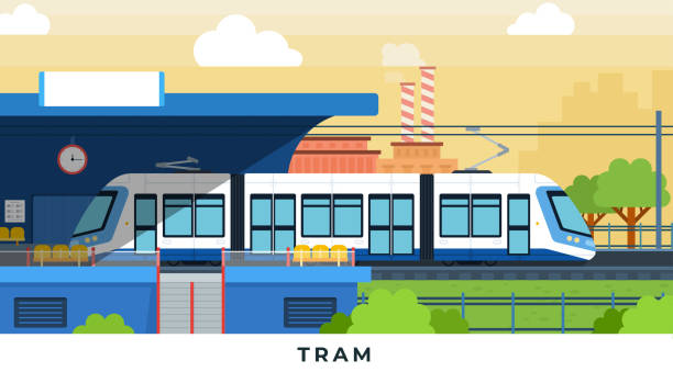 ●駅ベクトルイラストに近い街通りの路面電車はフラットなデザイン。 - public transportation isolated mode of transport land vehicle点のイラスト素材／クリップアート素材／マンガ素材／アイコン素材