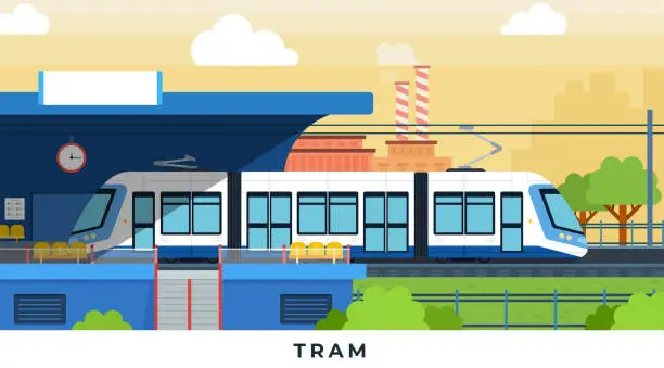 Vector illustration of Tram on the city street near the station vector illustration in flat design.