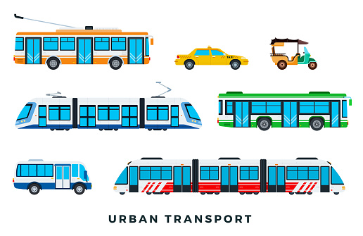 Public city transport. City cars and vehicles transport. Urban transportation icons set. Vector flat set illustration.