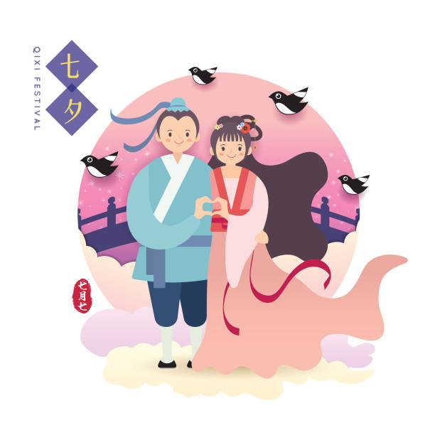 qixi (doppeltes siebtes festival) - cartoon kuhhirten und weber mädchen mit liebe geste - couple men women male stock-grafiken, -clipart, -cartoons und -symbole