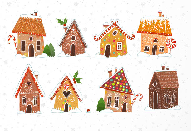 bildbanksillustrationer, clip art samt tecknat material och ikoner med uppsättning söta pepparkakshus med juldekorationer på vit bakgrund. - pepparkakshus