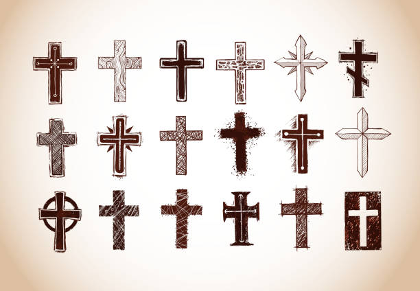 illustrazioni stock, clip art, cartoni animati e icone di tendenza di collezione di croci cristiane. illustrazione di schizzo doodle in stile vintage. - christianity cross shape dirty grunge