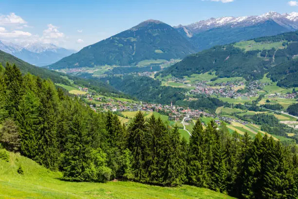 Landscape in Stubaital valley in Tirol, Austria, with view toward Fulpmes.