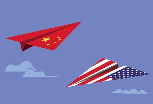 War,Business,Trading,American Flag,Chinese Flag, Airplane,Paper,Paper Airplane,