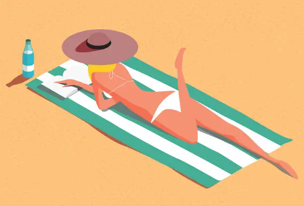 Vector illustration of Woman on the beach sunbathing and reading