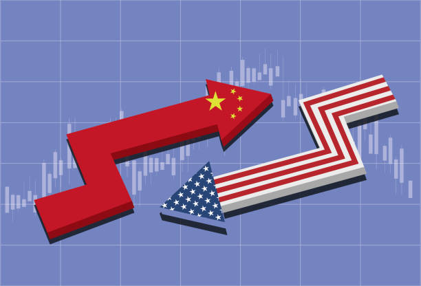 ilustraciones, imágenes clip art, dibujos animados e iconos de stock de la economía china está en aumento, la economía estadounidense está cayendo - conflict fighting weakness isolated