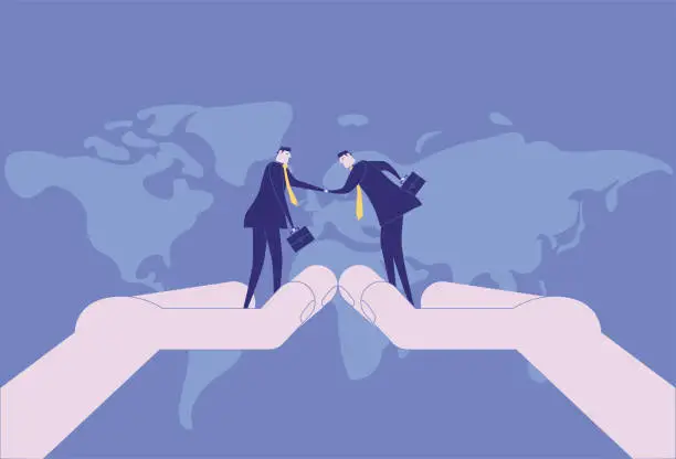 Vector illustration of Businessmen stand on giant hands shaking hands to cooperate and carry out international business
