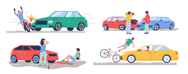 ilustraciones, imágenes clip art, dibujos animados e iconos de stock de accidente de tráfico, conjunto de accidentes de tráfico, ilustración aislada plana vectorial - accidente de transito
