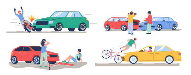 Road traffic accident, car crash set, vector flat isolated illustration Road traffic accident set, vector flat isolated illustration. Car collision with bike, motorbike, pedestrian, another car. Auto accident, motor vehicle crash, injured cyclist, motorcyclist characters. car crash accident cartoon stock illustrations