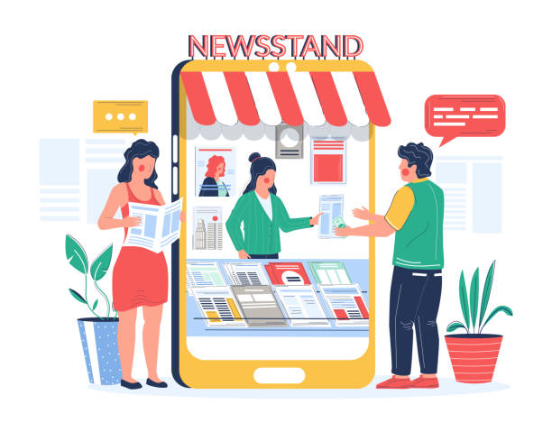 Digital newsstand. People buying and reading newspaper magazine online, vector flat illustration Man buying and woman reading newspaper magazine online in mobile phone newsstand, vector flat illustration. Digital newsstand concept with male and female cartoon characters news readers. news stand stock illustrations