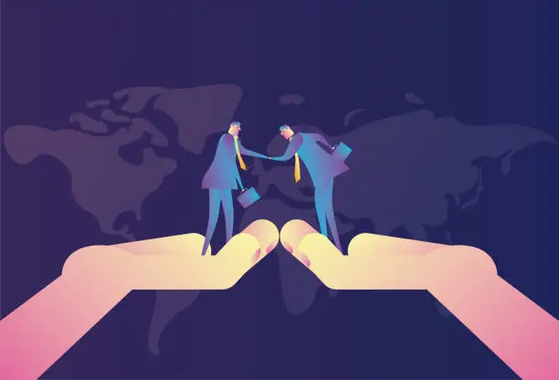 Vector illustration of Businessmen stand on giant hands shaking hands to cooperate and carry out international business