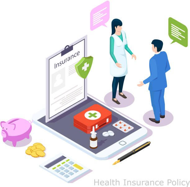 Health insurance policy online, isometric vector illustration Health insurance policy online, 3d isometric vector illustration. Medical insurance plan concept with doctor, patient, medical form with shield, pills on mobile screen, calculator, piggy bank, money. insurer stock illustrations