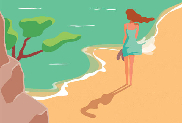 ilustraciones, imágenes clip art, dibujos animados e iconos de stock de mujer paseando por la playa - bay