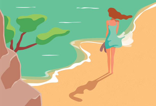Woman walking on the beach Woman in a short dress and barefoot, walking along the shore of the beach. Long hair in the wind and turquoise sea bay of water illustrations stock illustrations