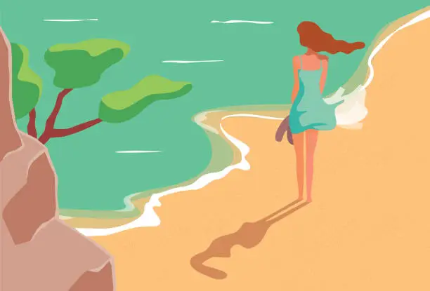Vector illustration of Woman walking on the beach
