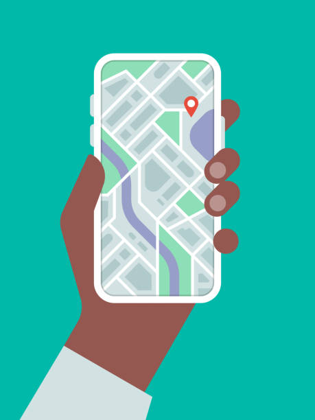 illustrazioni stock, clip art, cartoni animati e icone di tendenza di illustrazione dello smartphone con l'app di navigazione sullo schermo - global positioning system map road map direction