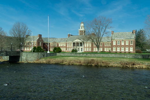 Livingston Manor, NY / United States - April 19, 2020: A view the Livingston Manor Central School