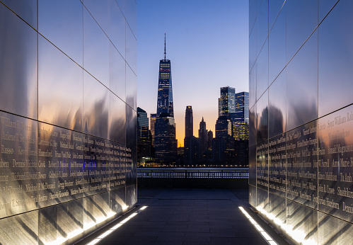 Jersey City, NJ / United States - Feb 8, 2010: A landscape view from inside the walls of the iconic Empty Sky Memorial in Liberty State Park.