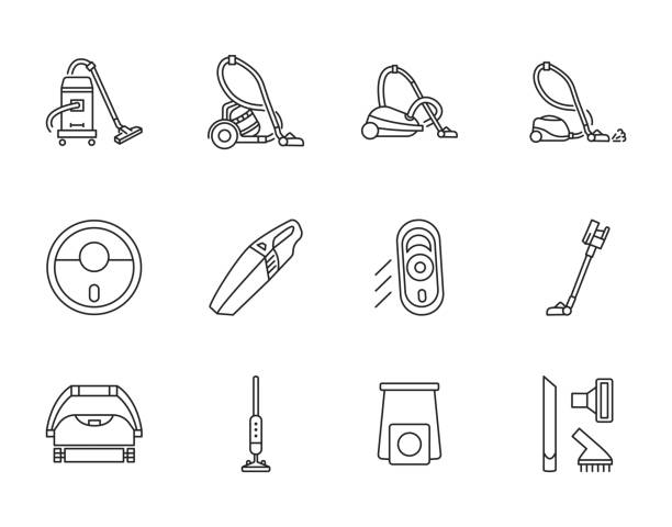 ilustrações de stock, clip art, desenhos animados e ícones de vacuum cleaner line icons set. vector illustration different types hoover. - vacuum cleaner