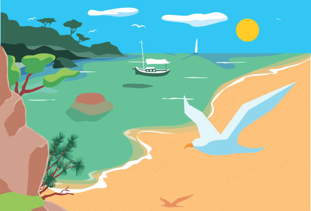 ilustraciones, imágenes clip art, dibujos animados e iconos de stock de hermoso paisaje en mar mediterráneo - mallorca