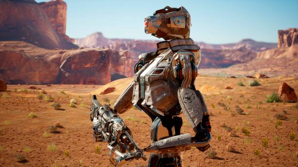 istock Military robot-android in the desert surveys the territory. 3D Rendering. 1266630046