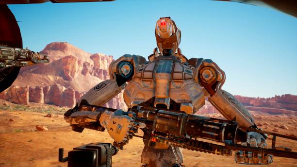 istock Military robot-android in the desert surveys the territory. 3D Rendering. 1266630051