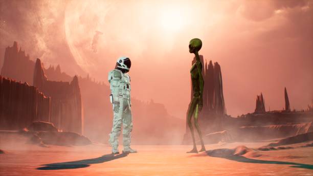 istock Meeting an alien and an astronaut on a mysterious planet in a distant deep space. 3D Rendering. 1266630054