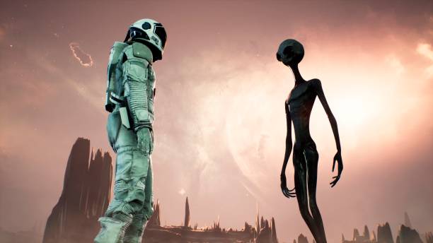 istock Meeting an alien and an astronaut on a mysterious planet in a distant deep space. 3D Rendering. 1266630055