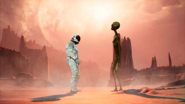 istock Meeting an alien and an astronaut on a mysterious planet in a distant deep space. 3D Rendering. 1266630059