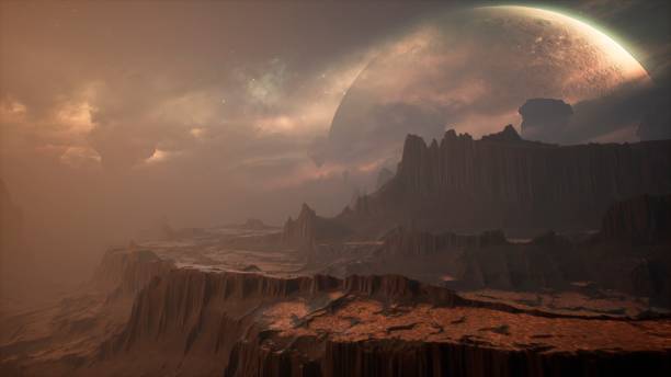 istock Panoramic landscape on the surface of an alien unusual planet. 3D Rendering. 1266630061