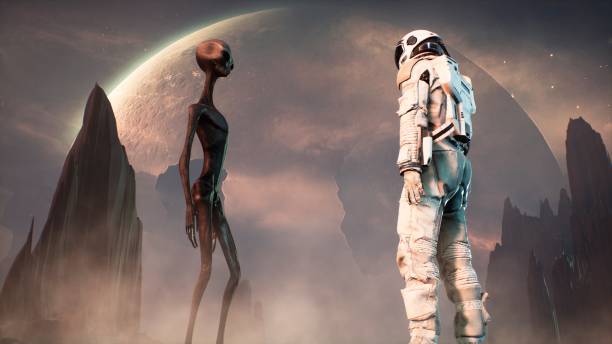 istock Meeting an alien and an astronaut on a mysterious planet in a distant deep space. 3D Rendering. 1266630064