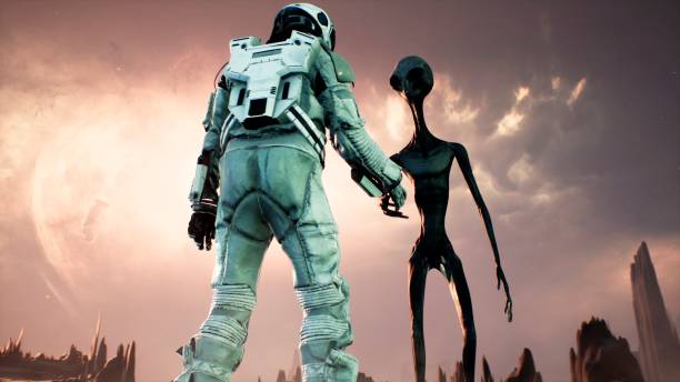 istock Meeting an alien and an astronaut on a mysterious planet in a distant deep space. 3D Rendering. 1266630067