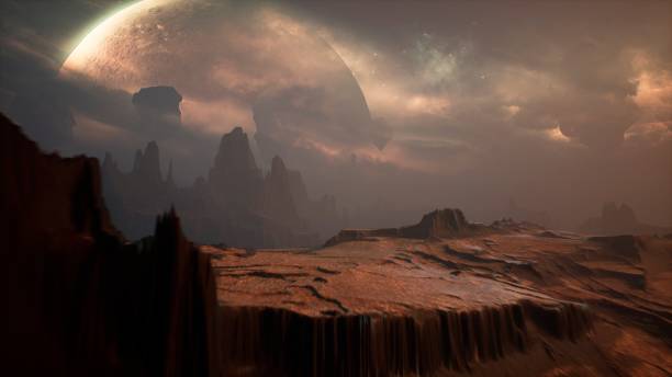 istock Panoramic landscape on the surface of an alien unusual planet. 3D Rendering. 1266630070
