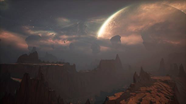 istock Panoramic landscape on the surface of an alien unusual planet. 3D Rendering. 1266630072