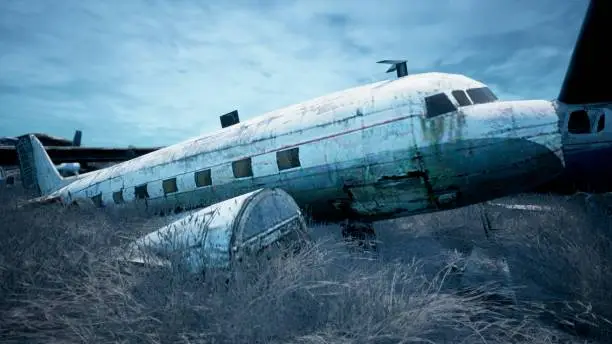 Abandoned and destroyed planes are in the field. A lot of rusty, forgotten and broken planes.