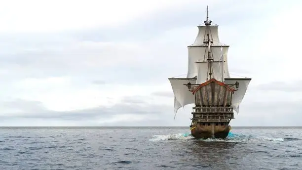 Photo of A medieval frigate sailing on a boundless blue sea. Concept of sea adventures in the middle ages. 3D Rendering.