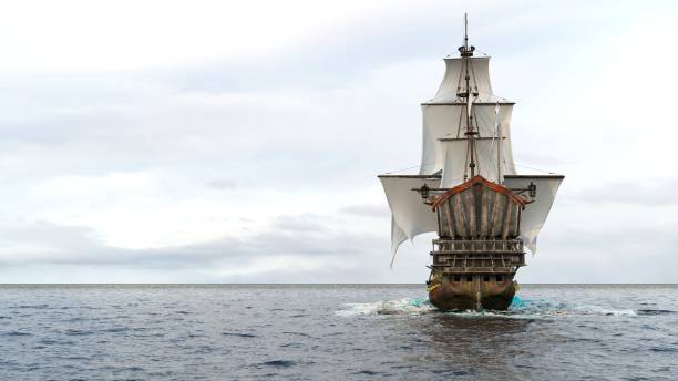 uma fragata medieval navegando em um mar azul sem limites. conceito de aventuras marítimas na idade média. renderização 3d. - galleon - fotografias e filmes do acervo