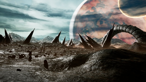 Panoramic landscape of the surface of a creepy alien planet.