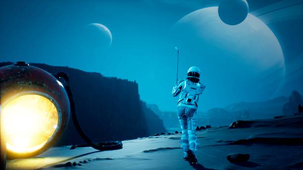 istock An astronaut explorer is playing Golf on a beautiful alien planet. 3D Rendering. 1266630114