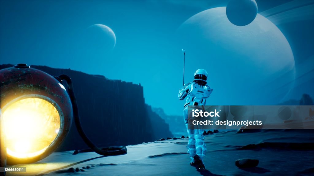 An astronaut explorer is playing Golf on a beautiful alien planet. 3D Rendering. An astronaut explorer is playing Golf on a beautiful alien planet. Golf Stock Photo
