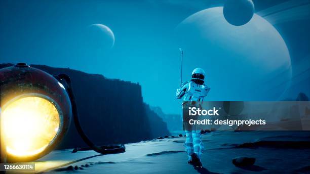 An Astronaut Explorer Is Playing Golf On A Beautiful Alien Planet 3d Rendering Stock Photo - Download Image Now