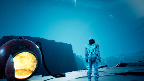istock An astronaut explorer is playing Golf on a beautiful alien planet. 3D Rendering. 1266630115