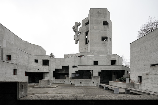 Concrete brutalist church in a cold morning