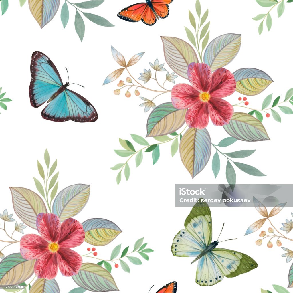 Ilustración de Flores De Patrón Botánico Y Mariposas Sobre Un Fondo Blanco Patrón De Acuarela Para El Diseño Impresión Fondo De Pantalla Flores Dibujadas Mariposas Y Hojas y más Vectores Libres de Ilustración de Flores De Patrón Botánico Y Mariposas Sobre Un Fondo Blanco Patrón De Acuarela Para El Diseño Impresión Fondo De Pantalla Flores Dibujadas Mariposas Y Hojas y más Vectores Libres de