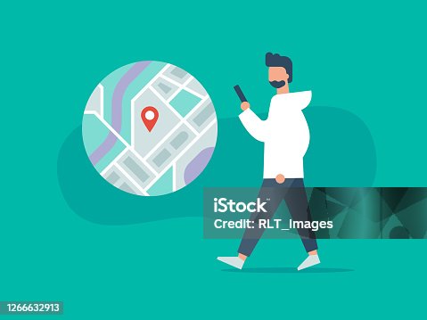 istock Illustration of person walking while using phone with navigation app 1266632913