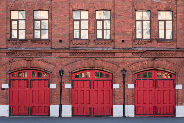 An auto repair shop building with many garage entrances.